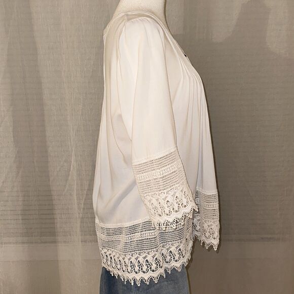 Millers 14 White Button Front Quarter Sleeve Crochet Lace Trim Pleated Blouse - Picture 6 of 8